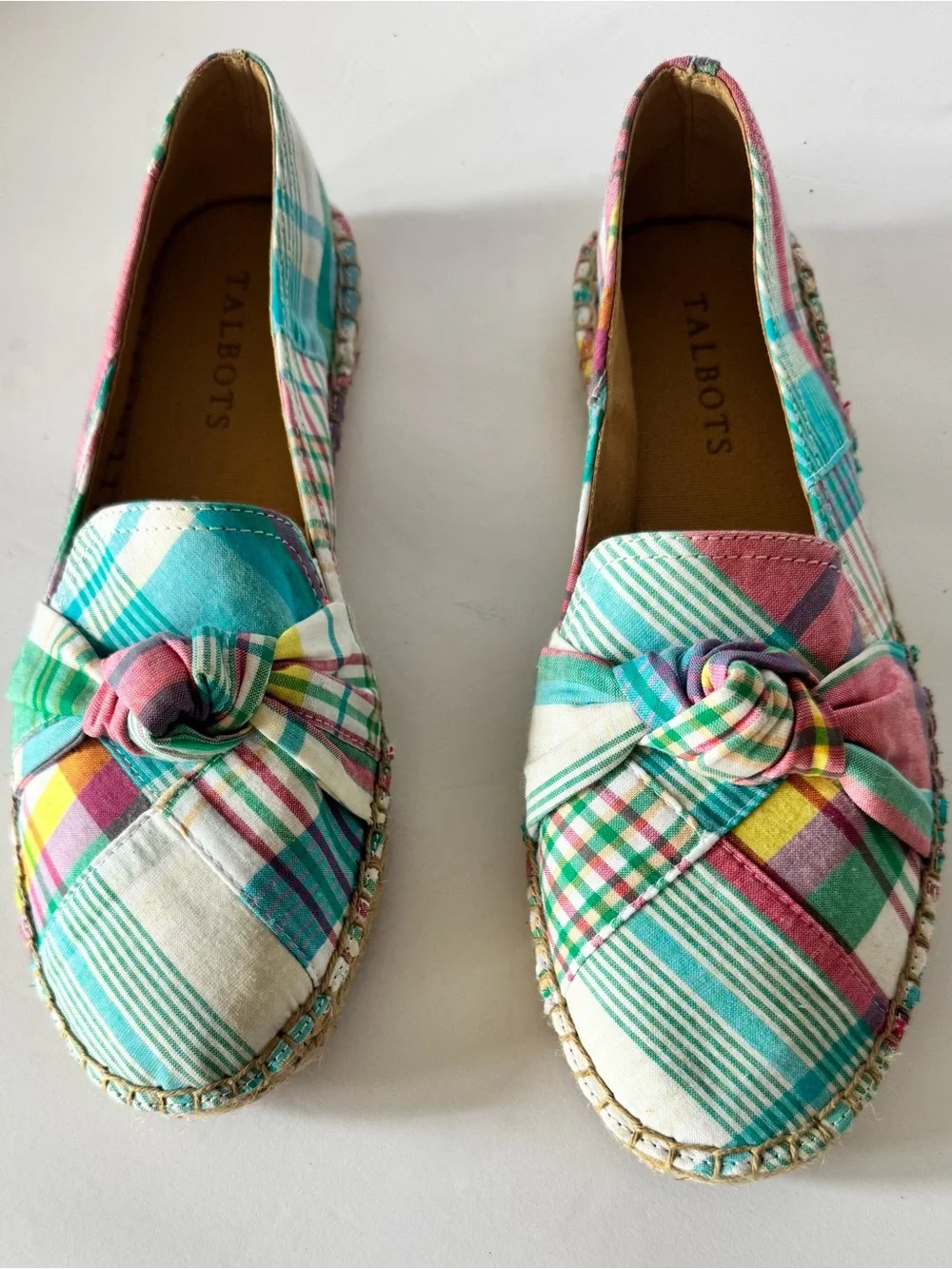 Talbots Women’s 7 Plaid knot Espadrille Flats Teal Pink Slip On Shoes Classic